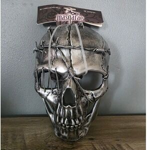 Masqarae Scary Skull Mask Silver Barbed Wire Hand Painted Halloween MAS03254-SL
